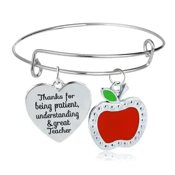 

12PC Thanksgiving Teachers Gifts Thanks For Being Patient Understanding & Great Teacher Bangles Red Apple Pendant Bracelets Hot