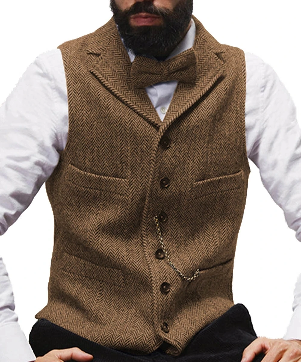 

Brown Men Suit Vests with Notch Lapel Steampunk Herringbone Tweed Sleeveless Jacket Slim Gilet Homme Wedding Waistcoat Clothing