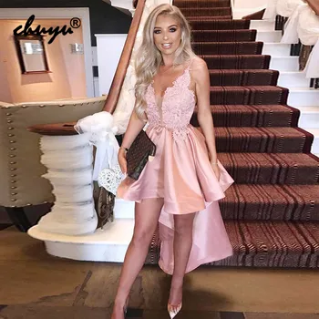 

Pink Homecoming Dresses Spaghetti Straps V-Neck Prom Party Dress Graduation Dress Pink Cocktail Dress Short Prom Dress