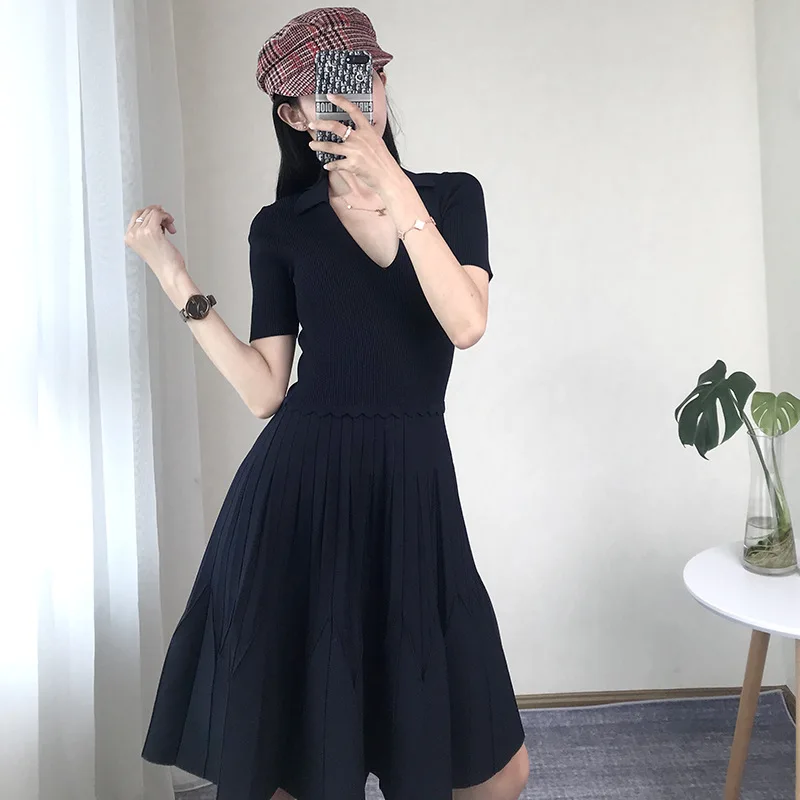 

Women Dress Elegant Bodycon Ruffles Vestido Knitted V-Neck Robe Summer Runway Slim Short Sleeve Pullovers Office Lady