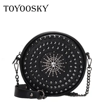 

TOYOOSKY Women Handbags Round Crossbody Bags Rivet PU Leather Messenger Bags Diamonds Circle Purse Ladies Shoulder Bag