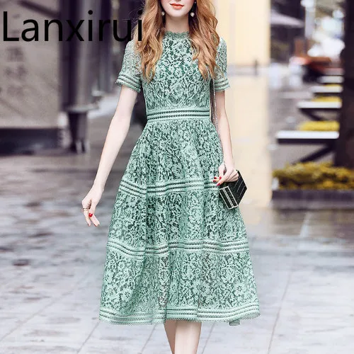 

Dress Summer Women High Quality Elegant Slim Hollow Out A-line Lace Midi Dress Pink/Green Dress self portrait dress