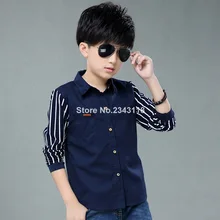 Детская одежда для мальчиков рубашка с длинными рукавами, осенняя одежда детская Повседневное детская Рубашка в полоску для возраста от 4 до 12 лет темно-синие сине-белые Детский комбинезон в полоску