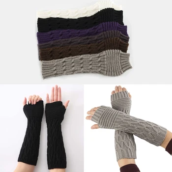 

Women Mens Winter Chunky Crochet Fingerless Gloves Cross Stripes Knitted Arm Warmers Solid Color Elastic Mittens with Thumb Hole