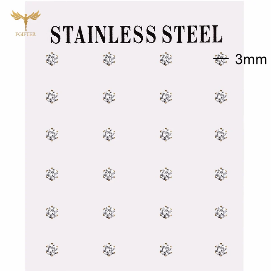 CZ 지르콘 귀걸이, 골든 스테인레스 스틸 피어싱 쥬얼리, 2mm, 소형 6mm, 큰 지르콘 이어 스터드, 여성 남성 액세서리, 12 쌍 로트