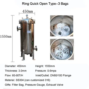 SS304 Bag Type Filter Industrial Big Flow Strainer High Precion Ring Quick Open Filter Flange Inlet 60-240T/H