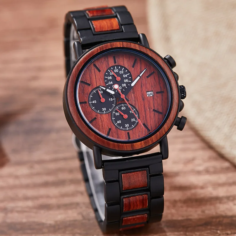 Bamboo Metal Wood Watch for Men Watch Relogio Masculino Chronograph Calendar Date Sport Mens Male Ebony Wooden Quartz Wristwatch