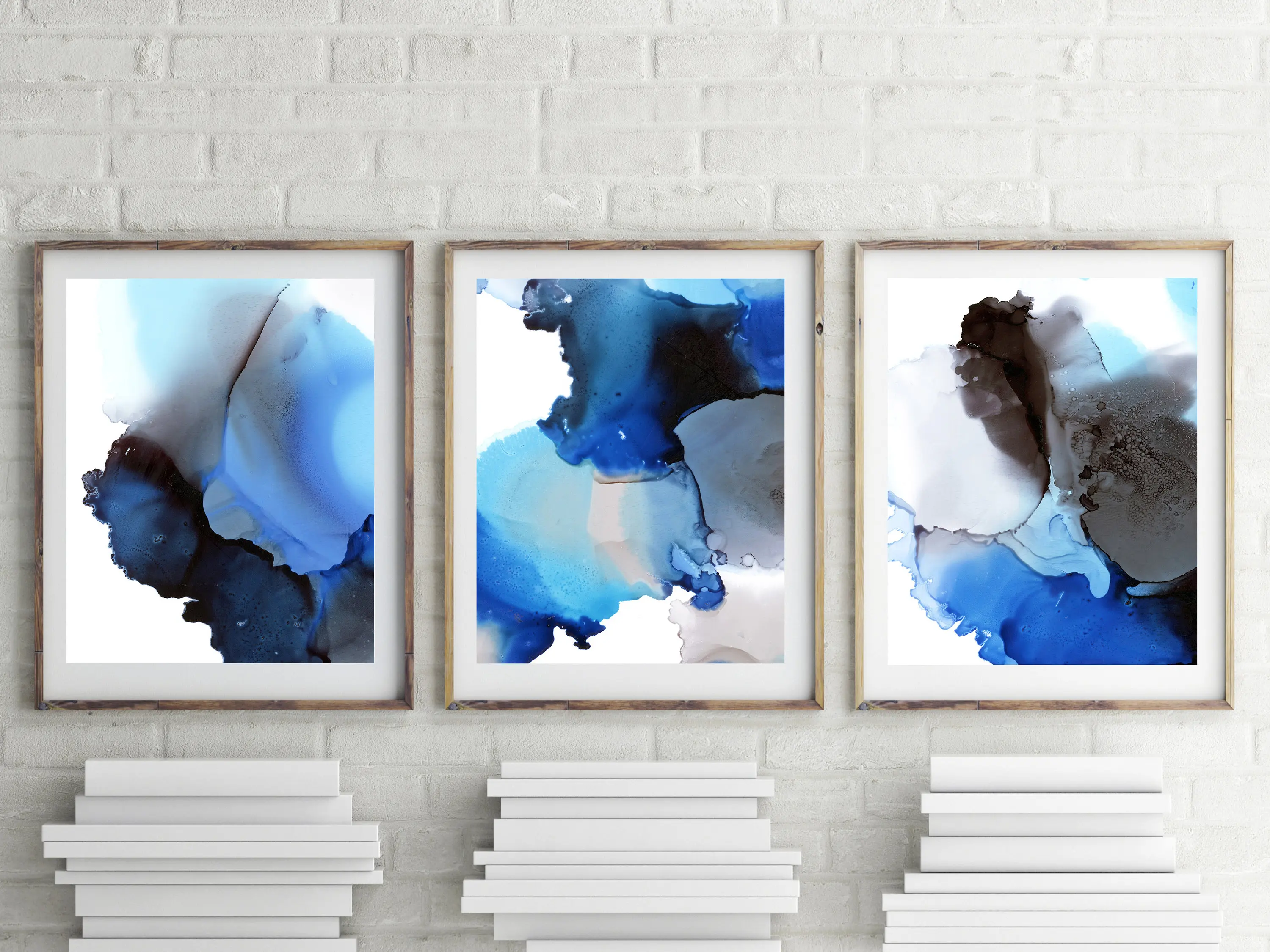 Abstract 3 Wall Prints Set of Fine Art Blue Black Organic Shapes Contemporary Archival | Дом и сад