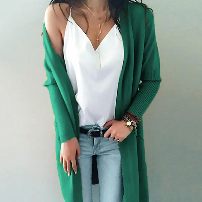 Женский свитер длинный кашемировый двойной карман свитер вязаный кардиган - Цвет: green