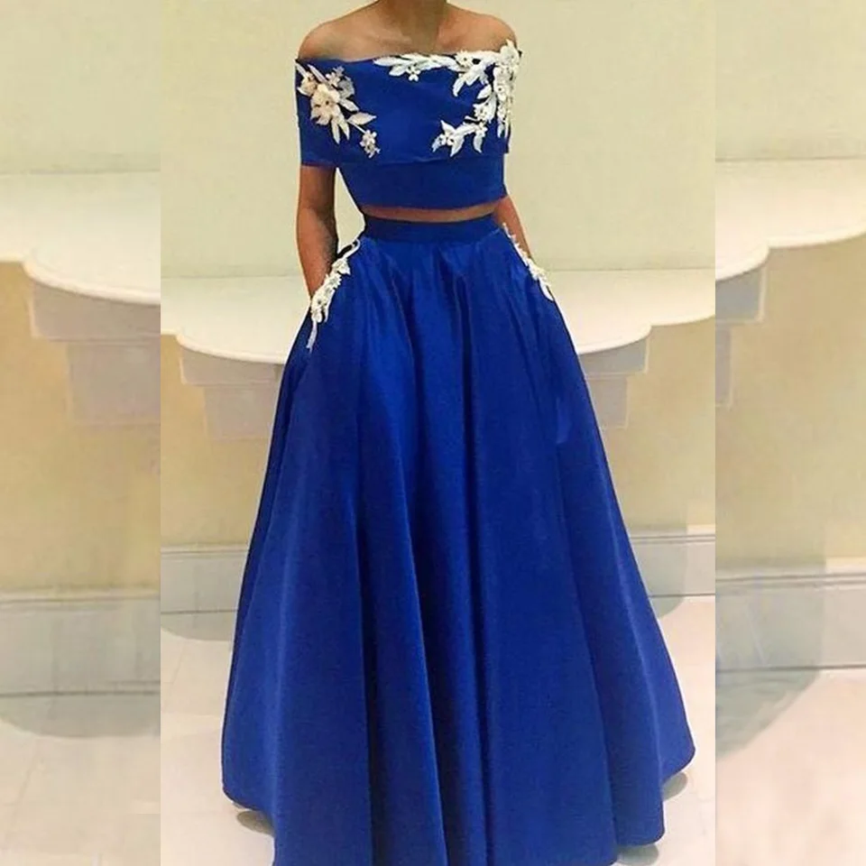 

Two Piece Prom Dresses 2019 Off The Shoulder Lace Up Back Satin A-ling Long Dress With Appliques And Pockets Vestidos De Gala