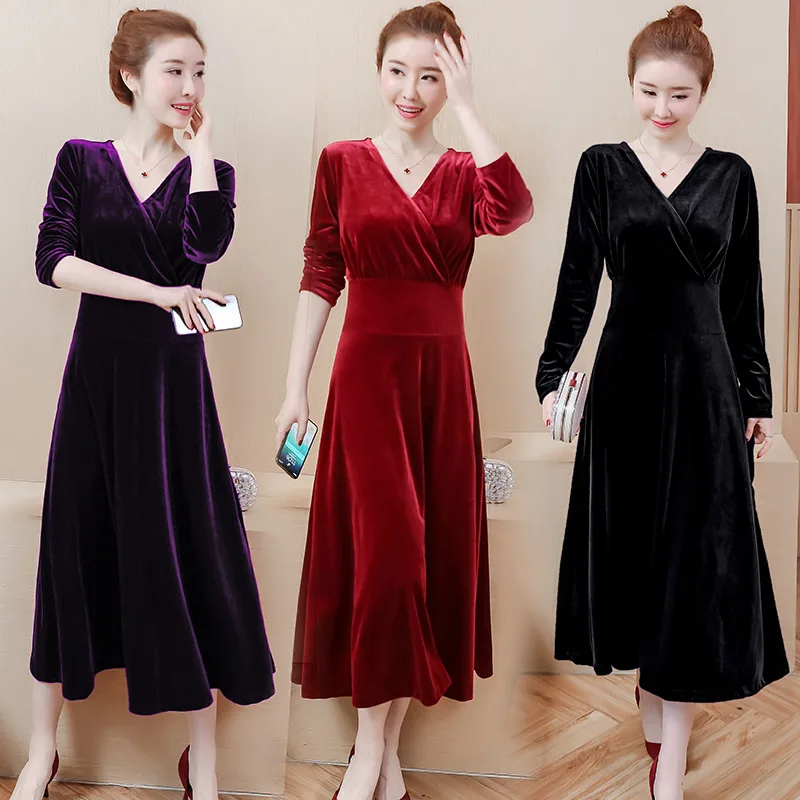 

2019 Autumn Clothing New Style Large Size Dress Gold Velvet Dress V-neck Long Skirts Cover Belly by Age Big Hemline Skirt