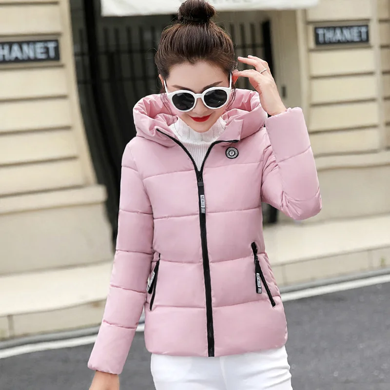 Женские куртки с капюшоном пальто размера плюс 5XL студенческие милые зимние теплые парки с хлопковой подкладкой весенние осенние женские короткие куртки - Цвет: Розовый