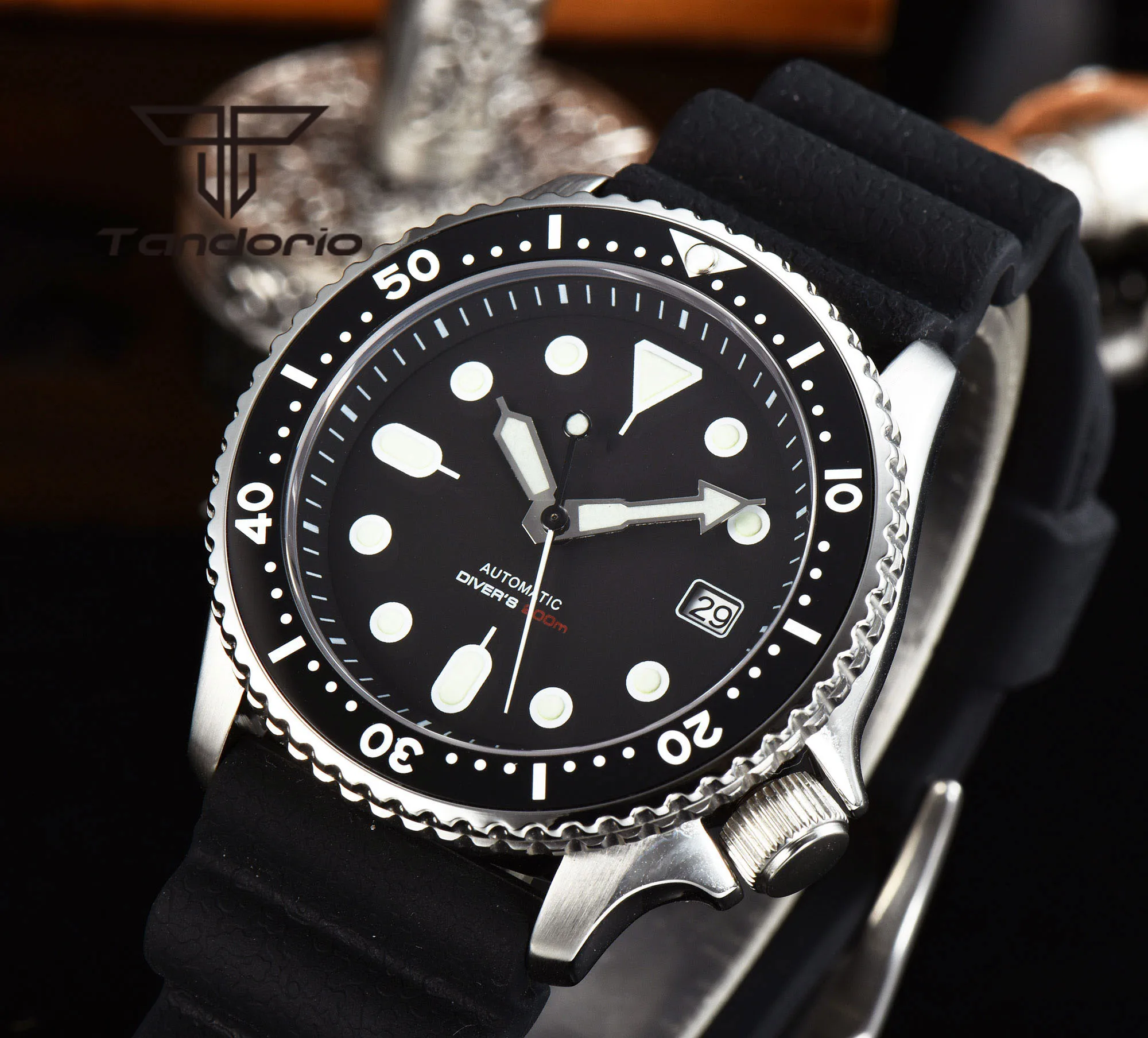 Tandorio 41mm Automatic Diving Men Watch Black/Blue/Green Dial Sapphire Glass NH35 20ATM Date Indicator Rubber Strap Green Lume