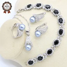 Серый жемчуг набор украшений из серебра 925-й пробы для женский, черный браслет из цельного браслета из цельного дерева обруч серьга, ожерелье, подвеска кольцо подарок на день рождения