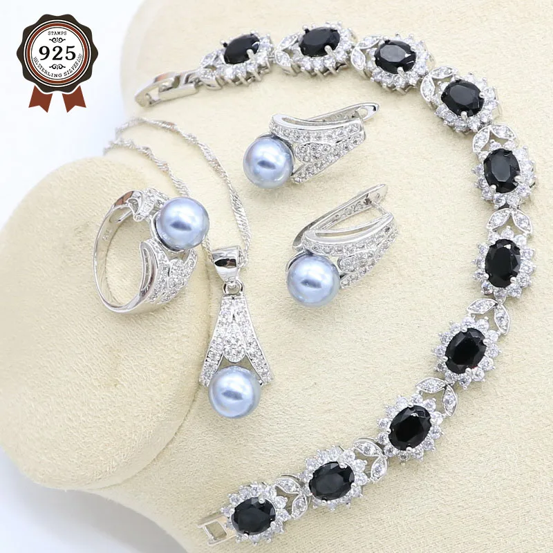 

Gray Pearl 925 Silver Jewelry Set for Women Black Zircon Bracelet Hoop Earring Necklace Pendant Ring Birthday Gift