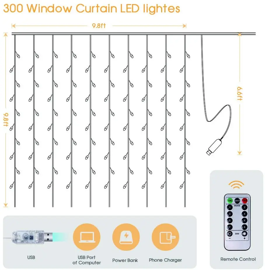 Cortina de luz LED de 3x3m, 300 luces LED con cable de cobre, USB, carámbano de hadas, control remoto, Navidad, boda, jardín, ventana exterior