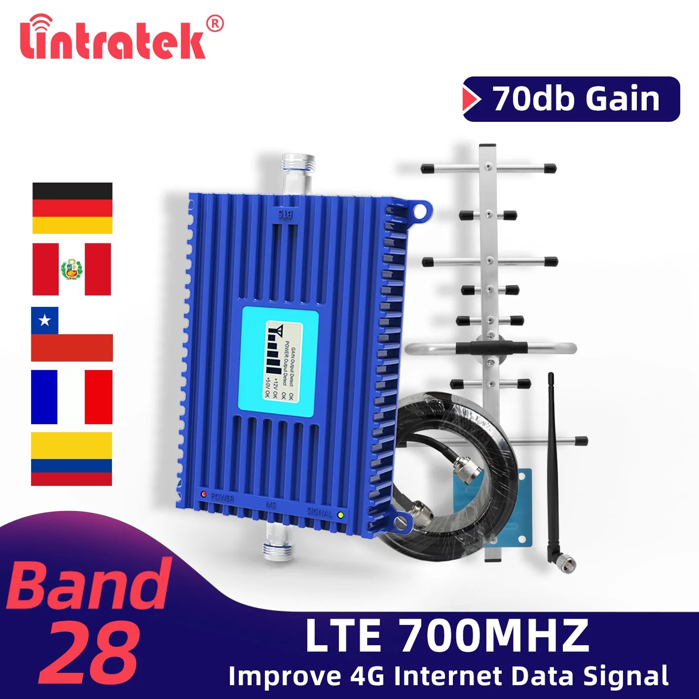 Lintratek 4G 700 ретранслятор сигнала телефона Ampli LTE 700Mhz Band28 сотовый усилитель AGC 70dB