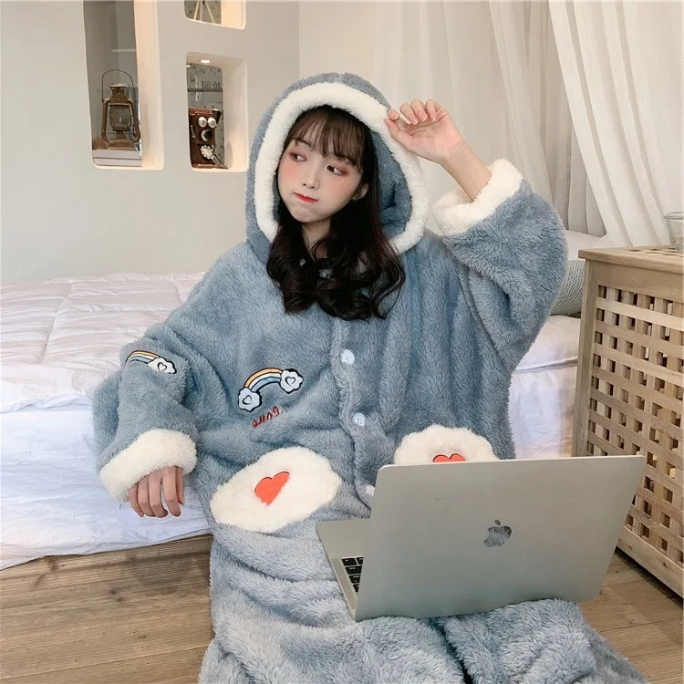 

Home Wear Thick Women's Loose-Fit Pajamas Winter-Outer Wear Autumn And Winter Korean-style Long Sweet Hair Long Skirts Nightgown