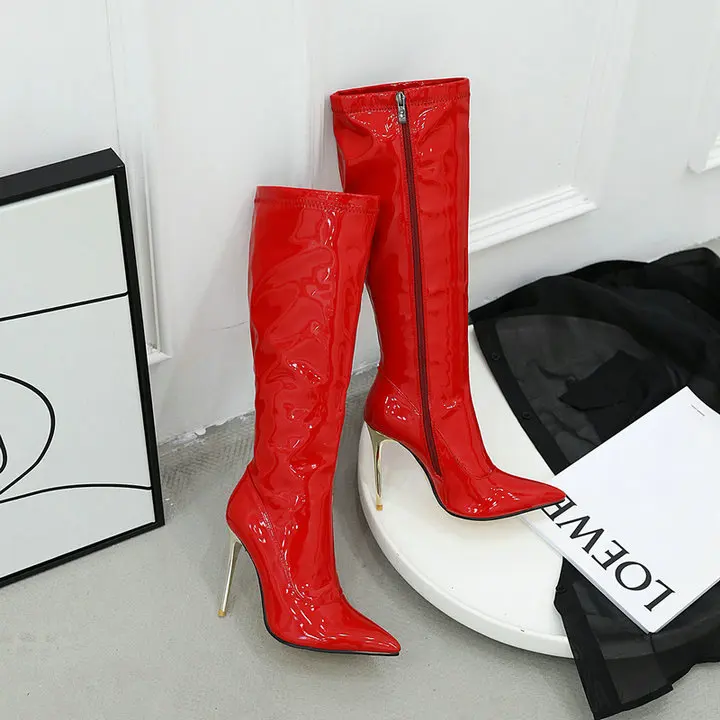 Black Red White Patent Leather Sexy Knee High Boots Super Heel Women's Tall Boots Pointy Toe Winter Dress Boots Side Zipper