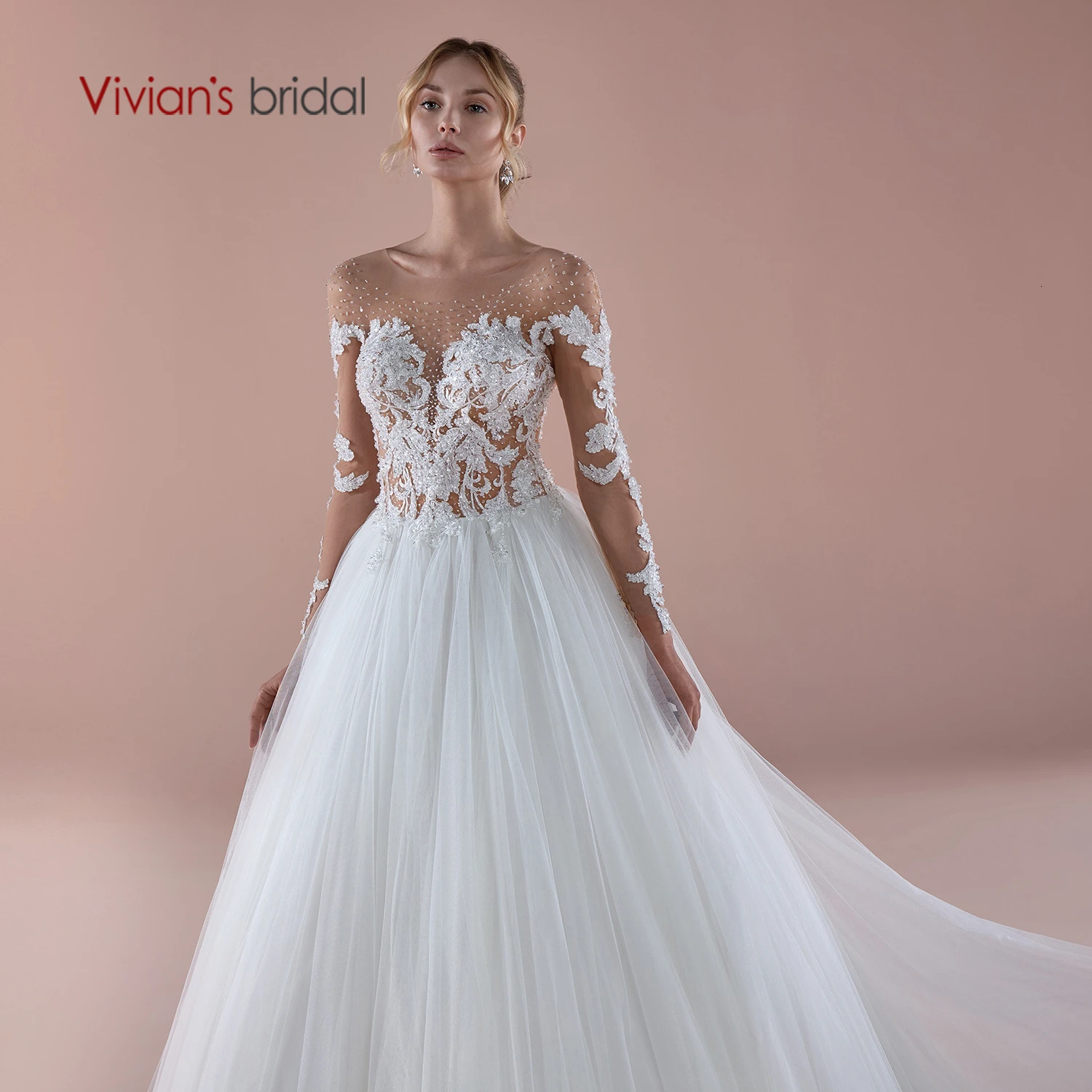 Vivian's Bridal элегантное многослойное мягкое Тюлевое свадебное платье Сексуальная Иллюзия o-образным вырезом сзади Кнопка Кружева Аппликации развертки поезд свадебное платье