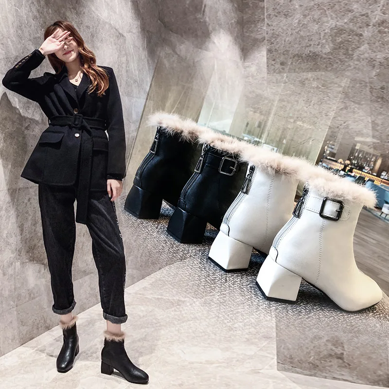 

Square Head Chunky-Heel Short Boots Women's Semi-high Heeled Winter plus Velvet Boots Women's 2019 New Style Versatile after Zip