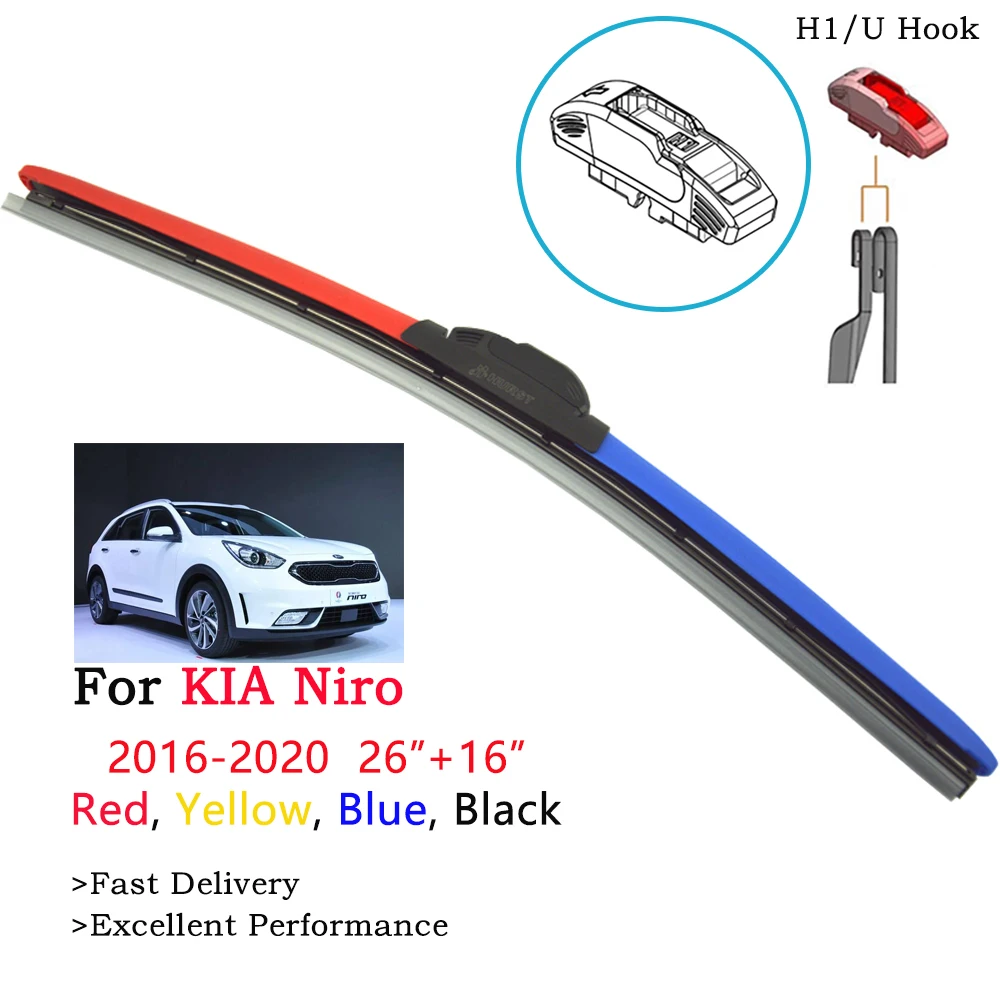 

Pair of Color Boneless Frameless Hybrid Car Wipers For KIA Niro EV Accessories 2018 2019 2020 26"+16" Window Rush Natural Rubber