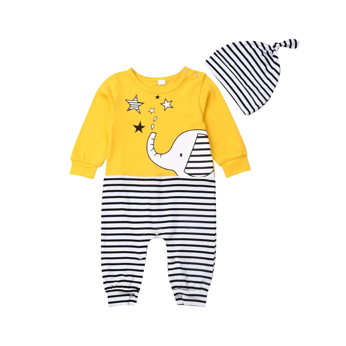 

Baby Romper 2019 Autumn Infant Baby Boy Girl Srtiped Elephant Print Clothes Hat Romper Jumpsuit Outfits 2Pcs