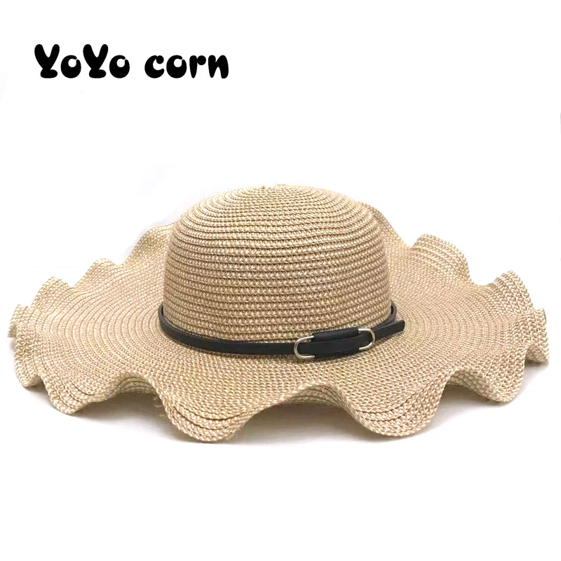

YOYOCORN with heads wide brim beach caps UV protection female cap Black belt women summer Sun Hats pearl packable sun visor hat