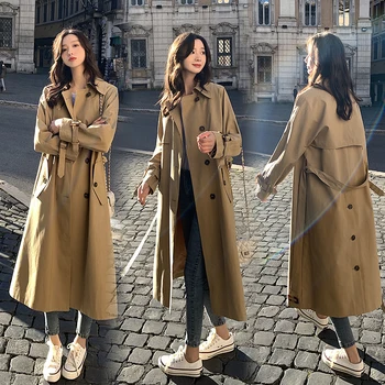 

Fashion New European Long Women Trench Coat Single-Breasted with Belt Flaps Office Lady Duster Cloak Spring Autumn Outerwear