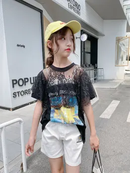 

Children's wear girl's top Korean style fashionable summer 2020 new splicing lace trend T-shirt