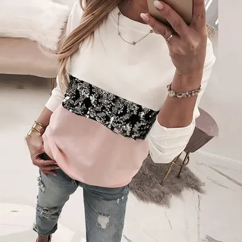 

Sequin Leopard Long Sleeve Tshirts Women O Neck Casual Cotton Tees Lady Spring Autumn Loose Tops Female T Shirt Clothes