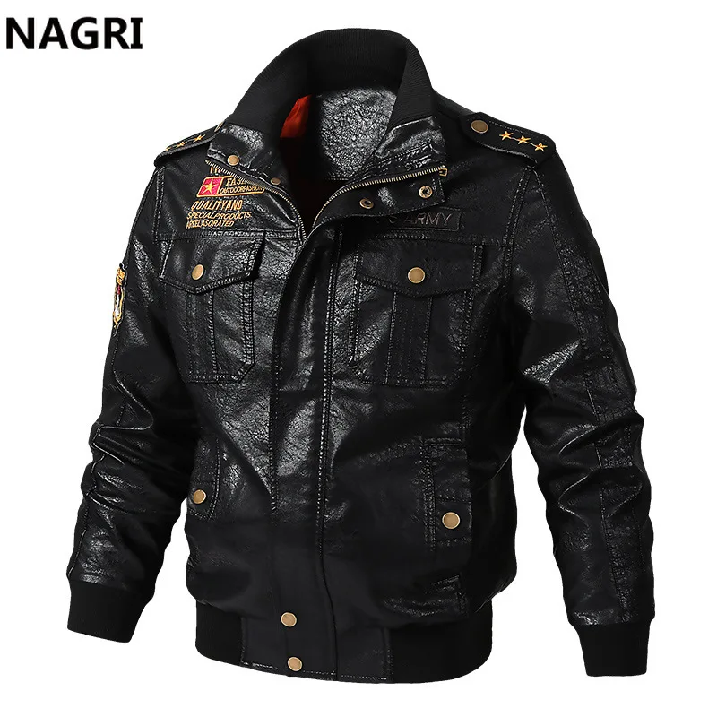 Tactical Pu Leather Jacket Coat Men Stand Collar Motorcycle Zipper PU Bomber Pilot Vintage Embroidery Military Army | Мужская одежда