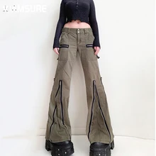 

IAMSURE Pockets Zipper Flare Pants Jeans Casual Loose Mid-Waisted Wide Leg Pants Women Fashion Streetwear Ladies Cargo Pants