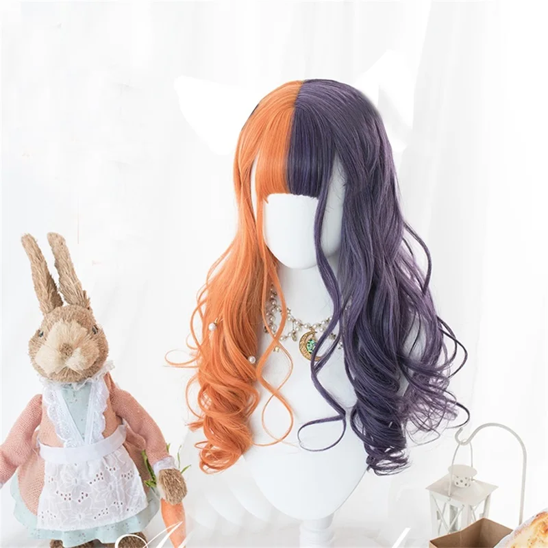 Косплей салон Лолита 60 см длинные кудрявые оранжевый смешанный фиолетовый половина Омбре Япония челки милые вечерние синтетические волосы косплей парик