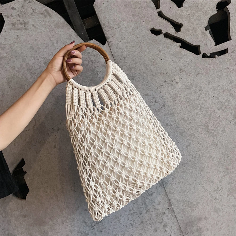 

Beach Bag Ladies Wooden Handle Casual Simple Vacation Weave Handbag Crochet Shopper Summer Round Women Mesh Bag Woven Bucket