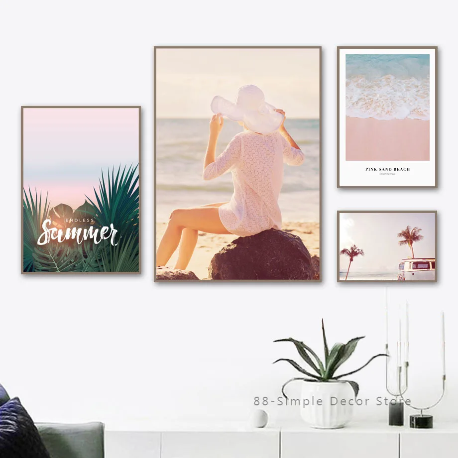 Sea Wave Beach White Hat Girl Coconut Tree Wall Art Canvas Painting Nordic Poster E Stampe Immagini Di Decorazione Della Stanza