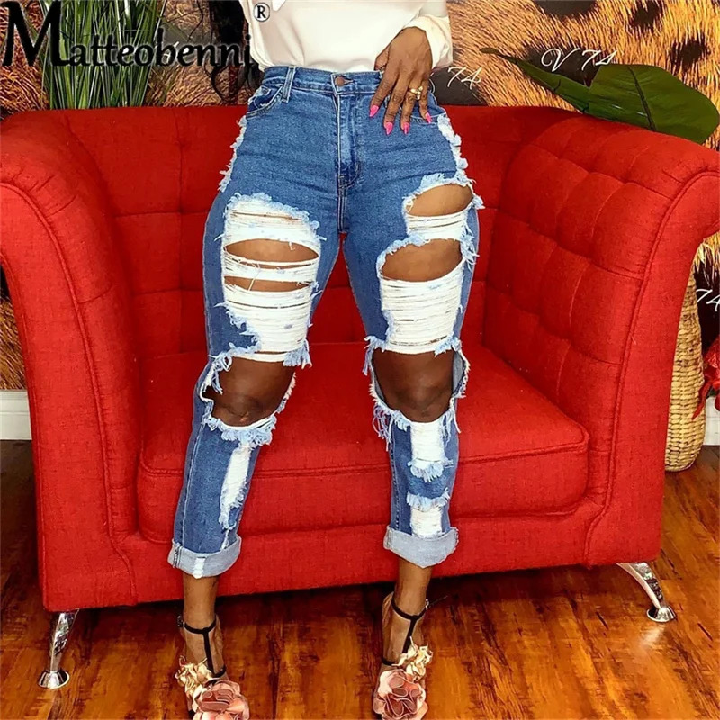 Big Hole Destroyed Baggy Jeans Women 