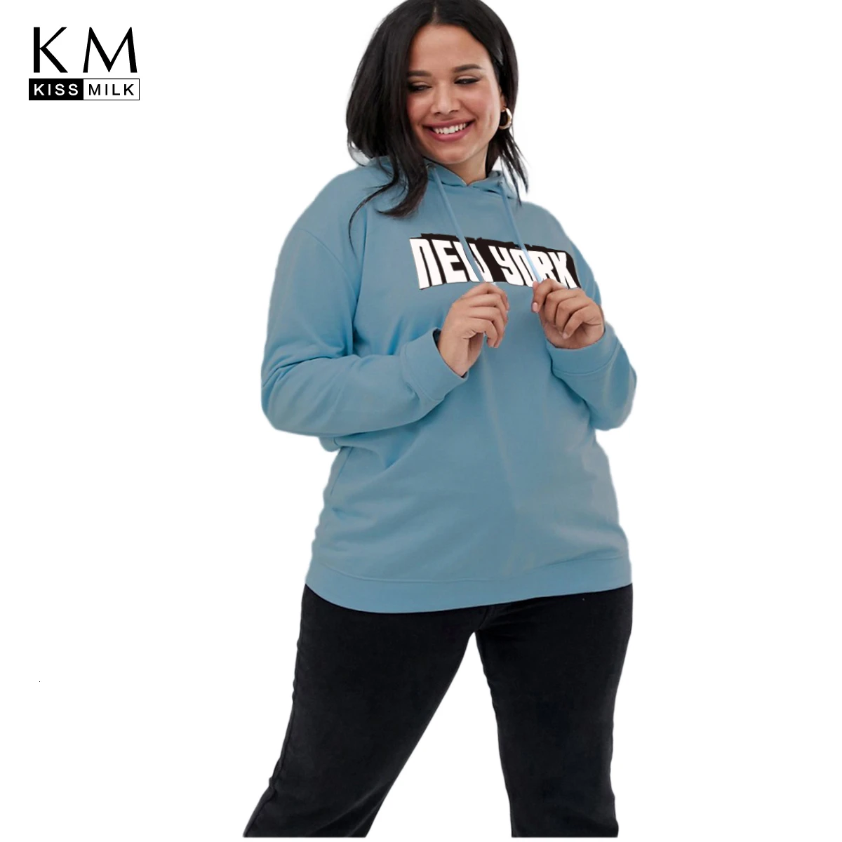 

Kissmilk Plus Size Woman Clothes Three-dimensional Letter Printed Long-sleeved Bandwidth Loose Hoodie