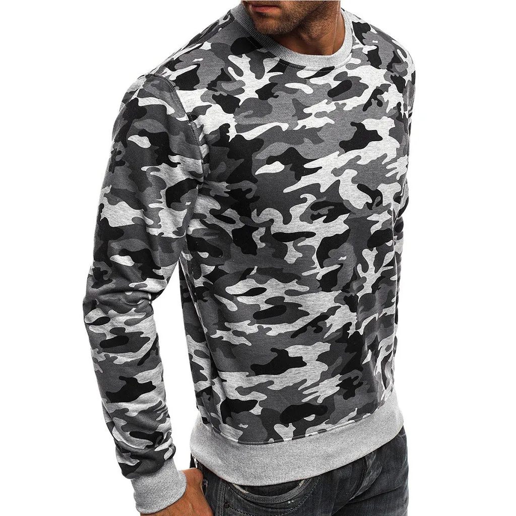 Men's Winter Long Sleeve Camouflage Patchwork Sweatshirt Top Tee Outwear Blouse