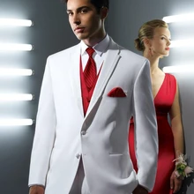 Белые вечерние мужские костюмы из трех предметов, шаль с отворотом, облегающие Свадебные Смокинги на заказ(пиджак+ брюки+ жилет+ галстук