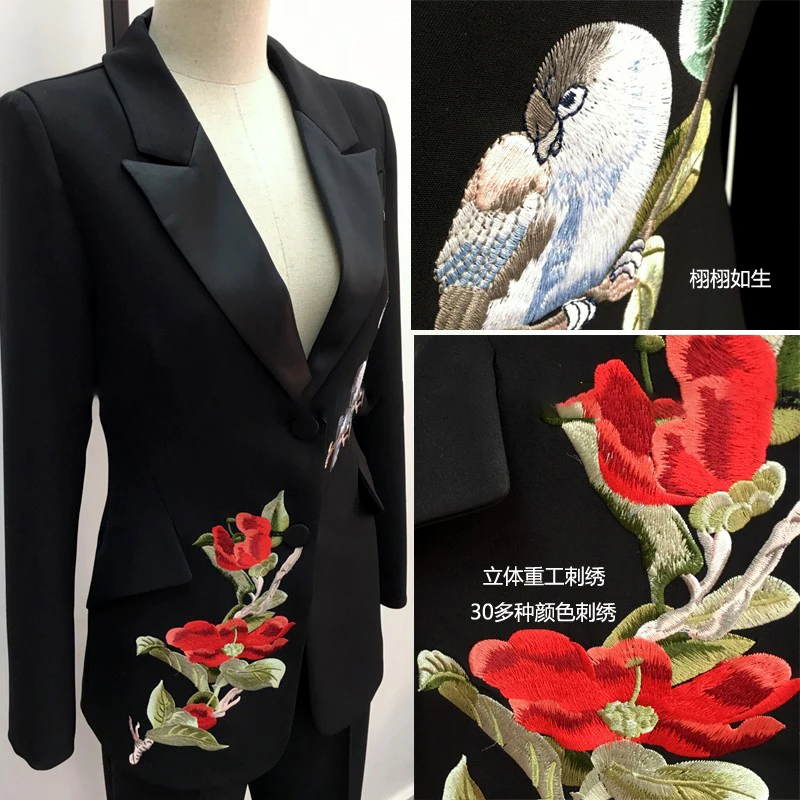 Женский брючный костюм с цветочной вышивкой черный облегающий блейзер птиц +