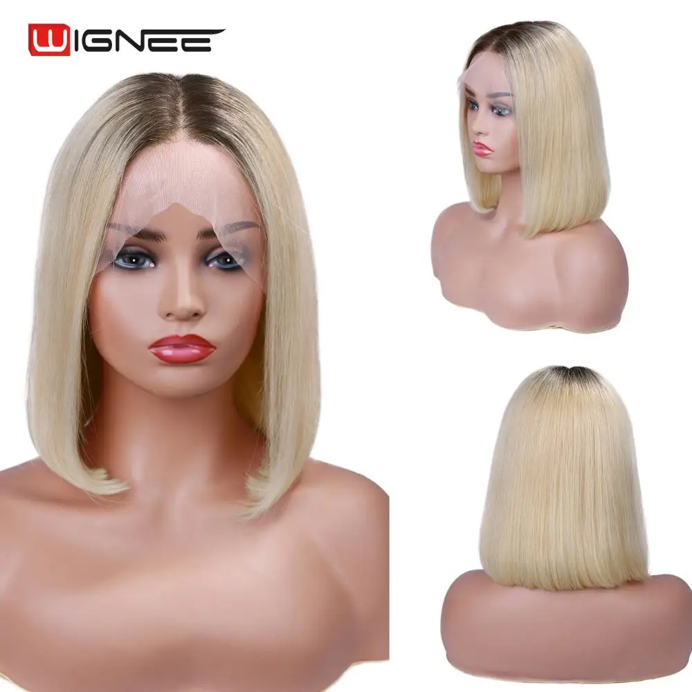 Wignee Ombre Pink/Grey/613 Blonde Bob Human Hair Wigs For Black Women Bleached Knots Short Straight Virgin Hair Lace Human Wigs