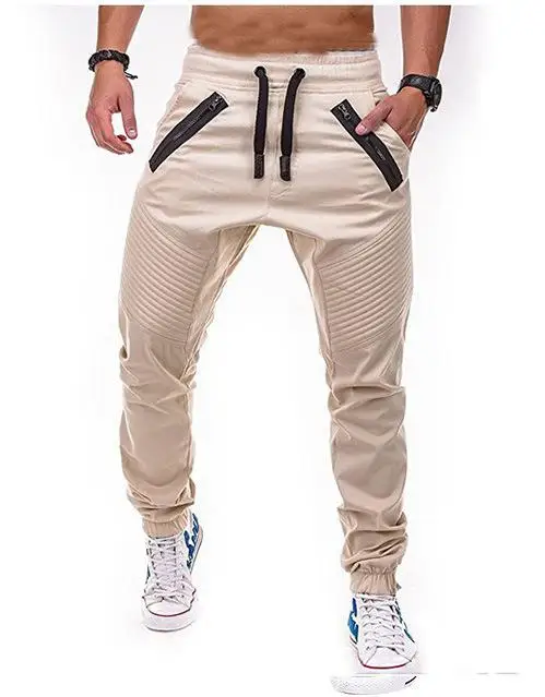 Pantalones, мужские спортивные штаны, популярные, повседневные, для фитнеса, на молнии, Мужские штаны, в полоску, леггинсы, хип-хоп, джоггеры, Комбинезоны для мужчин - Цвет: Бежевый