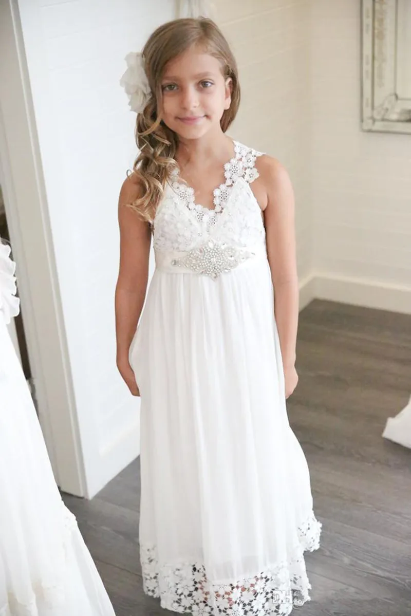 630Boho Flower Girl Dress For Wedding Beach V Neck A Line Lace and Chiffon Kids White Wedding Dresses Custom Made (2)