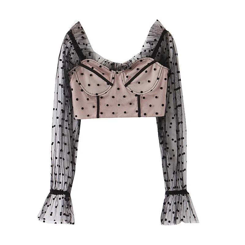 Fashion Za 2020 women Long sleeve top Hollow out Lace splice smock Trumpet Dots get together festival |