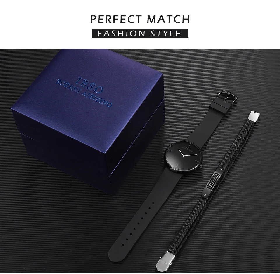 IBSO, брендовые кварцевые наручные часы, мужские кварцевые часы-браслет, набор, черный круглый циферблат, деловой спортивный ремешок, часы, подарочный набор для мужчин