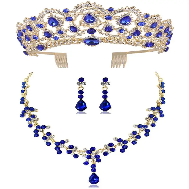 

Blue Bride Crown Rhinestone Wedding Jewelry Set Marriage Tiara Headwear Necklace Earrings for Women Bridal Hair Accessories