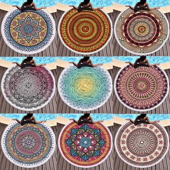 

Bohemia Geometric Round Beach Towel Tassels Colorful Mandala Microfiber Bath Shower Towel Adults Picnic Yoga Mat Blanket Cover