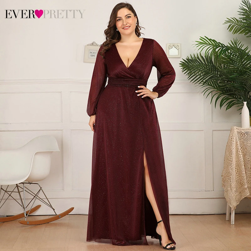Plus Size Burgundy Prom Dresses Ever Pretty A-Line Deep V-Neck Side Split Long Sleeve Sexy Sparkle Formal Party Gowns Sukienki