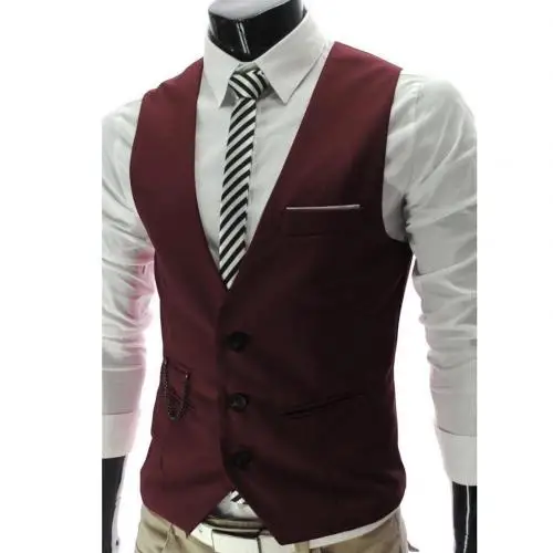 Fashion Men Solid Color V Neck Sleeveless Button Pocket Blazer Suit